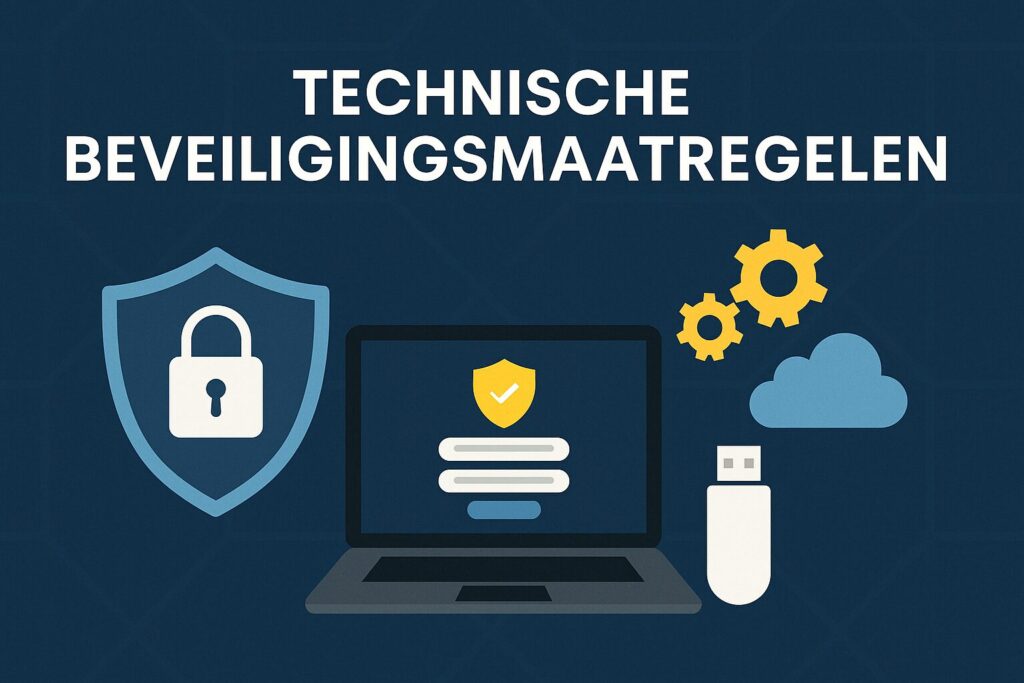 Illustratie van technische maatregelen binnen informatiebeveiliging, zoals wachtwoordbeheer, logging en pseudonimisering