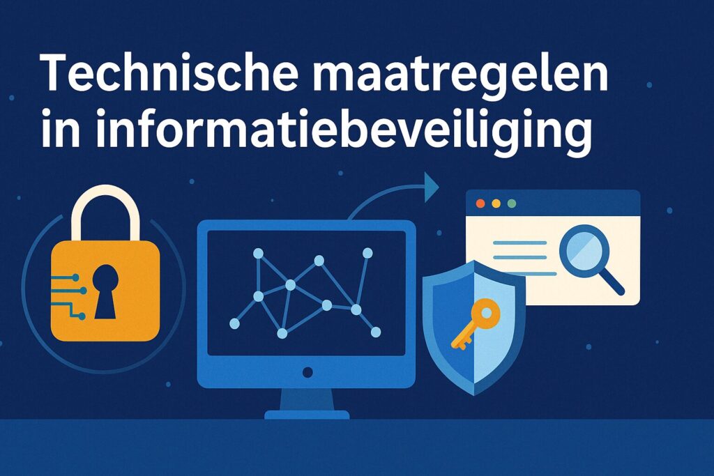 Illustratie van technische maatregelen in informatiebeveiliging, met focus op netwerkbeveiliging, sleutelbeheer en webfiltering binnen een Zero Trust-architectuur