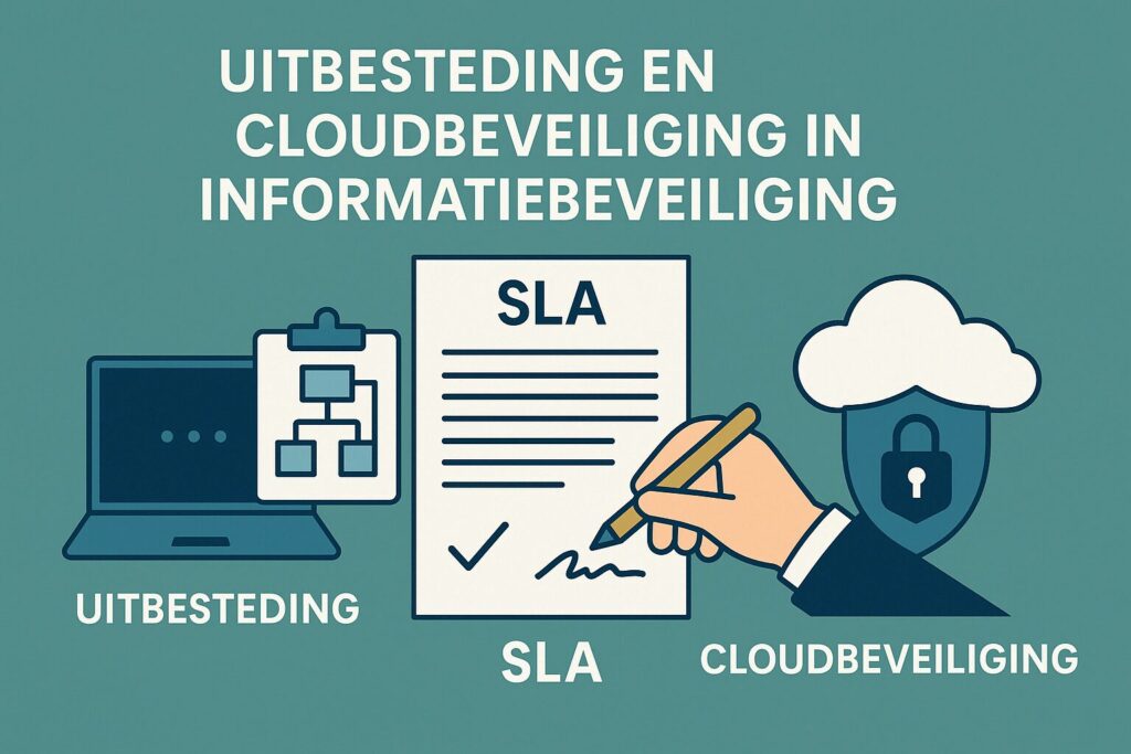 Digitale banner over uitbesteding, SLA’s en cloudbeveiliging binnen informatiebeveiliging – les 6 uit de blogreeks Cybersecurity voor Beginners van MB Cyberworks